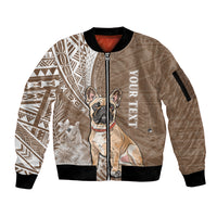 Personalised Polynesian Pacific Bulldog Sleeve Zip Bomber Jacket With Brown Hawaii Tribal Tattoo Patterns - Wonder Print Shop
