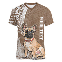 Personalised Polynesian Pacific Bulldog Women V Neck T Shirt With Brown Hawaii Tribal Tattoo Patterns - Wonder Print Shop