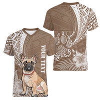 Personalised Polynesian Pacific Bulldog Women V Neck T Shirt With Brown Hawaii Tribal Tattoo Patterns - Wonder Print Shop