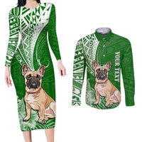 Personalised Polynesian Pacific Bulldog Couples Matching Long Sleeve Bodycon Dress and Long Sleeve Button Shirts With Emerald Hawaii Tribal Tattoo Patterns LT7 - Wonder Print Shop