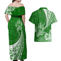 Personalised Polynesian Pacific Bulldog Couples Matching Off Shoulder Maxi Dress and Hawaiian Shirt With Emerald Hawaii Tribal Tattoo Patterns LT7 - Wonder Print Shop