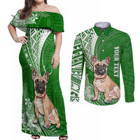 Personalised Polynesian Pacific Bulldog Couples Matching Off Shoulder Maxi Dress and Long Sleeve Button Shirts With Emerald Hawaii Tribal Tattoo Patterns LT7 - Wonder Print Shop