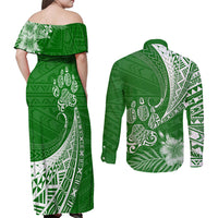 Personalised Polynesian Pacific Bulldog Couples Matching Off Shoulder Maxi Dress and Long Sleeve Button Shirts With Emerald Hawaii Tribal Tattoo Patterns LT7 - Wonder Print Shop