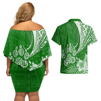 Personalised Polynesian Pacific Bulldog Couples Matching Off Shoulder Short Dress and Hawaiian Shirt With Emerald Hawaii Tribal Tattoo Patterns LT7 - Wonder Print Shop