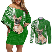 Personalised Polynesian Pacific Bulldog Couples Matching Off Shoulder Short Dress and Long Sleeve Button Shirts With Emerald Hawaii Tribal Tattoo Patterns LT7 - Wonder Print Shop