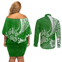 Personalised Polynesian Pacific Bulldog Couples Matching Off Shoulder Short Dress and Long Sleeve Button Shirts With Emerald Hawaii Tribal Tattoo Patterns LT7 - Wonder Print Shop