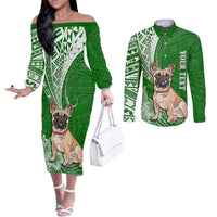 personalised-polynesian-pacific-bulldog-couples-matching-off-the-shoulder-long-sleeve-dress-and-long-sleeve-button-shirts-with-emerald-hawaii-tribal-tattoo-patterns