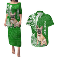 Personalised Polynesian Pacific Bulldog Couples Matching Puletasi Dress and Hawaiian Shirt With Emerald Hawaii Tribal Tattoo Patterns LT7 - Wonder Print Shop