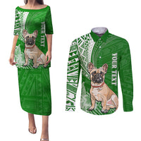 Personalised Polynesian Pacific Bulldog Couples Matching Puletasi Dress and Long Sleeve Button Shirts With Emerald Hawaii Tribal Tattoo Patterns LT7 - Wonder Print Shop