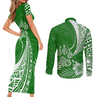 Personalised Polynesian Pacific Bulldog Couples Matching Short Sleeve Bodycon Dress and Long Sleeve Button Shirts With Emerald Hawaii Tribal Tattoo Patterns LT7 - Wonder Print Shop