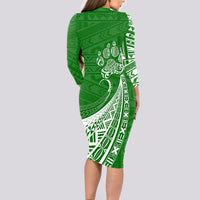 Personalised Polynesian Pacific Bulldog Long Sleeve Bodycon Dress With Emerald Hawaii Tribal Tattoo Patterns - Wonder Print Shop