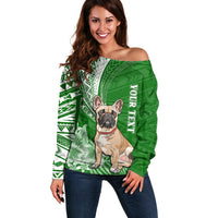 Personalised Polynesian Pacific Bulldog Off Shoulder Sweater With Emerald Hawaii Tribal Tattoo Patterns - Wonder Print Shop