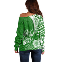 Personalised Polynesian Pacific Bulldog Off Shoulder Sweater With Emerald Hawaii Tribal Tattoo Patterns - Wonder Print Shop