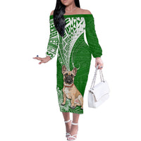 Personalised Polynesian Pacific Bulldog Off The Shoulder Long Sleeve Dress With Emerald Hawaii Tribal Tattoo Patterns - Wonder Print Shop