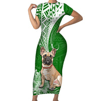 Personalised Polynesian Pacific Bulldog Short Sleeve Bodycon Dress With Emerald Hawaii Tribal Tattoo Patterns - Wonder Print Shop