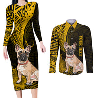 Personalised Polynesian Pacific Bulldog Couples Matching Long Sleeve Bodycon Dress and Long Sleeve Button Shirts With Gold Hawaii Tribal Tattoo Patterns LT7 - Wonder Print Shop