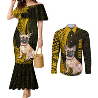 personalised-polynesian-pacific-bulldog-couples-matching-mermaid-dress-and-long-sleeve-button-shirts-with-gold-hawaii-tribal-tattoo-patterns