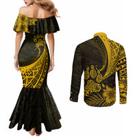 personalised-polynesian-pacific-bulldog-couples-matching-mermaid-dress-and-long-sleeve-button-shirts-with-gold-hawaii-tribal-tattoo-patterns