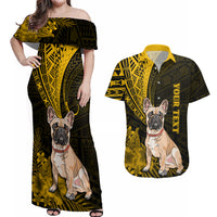 Personalised Polynesian Pacific Bulldog Couples Matching Off Shoulder Maxi Dress and Hawaiian Shirt With Gold Hawaii Tribal Tattoo Patterns LT7 - Wonder Print Shop