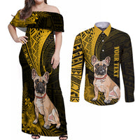 Personalised Polynesian Pacific Bulldog Couples Matching Off Shoulder Maxi Dress and Long Sleeve Button Shirts With Gold Hawaii Tribal Tattoo Patterns LT7 - Wonder Print Shop