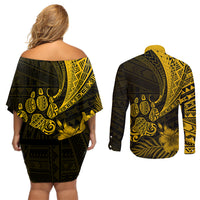 Personalised Polynesian Pacific Bulldog Couples Matching Off Shoulder Short Dress and Long Sleeve Button Shirts With Gold Hawaii Tribal Tattoo Patterns LT7 - Wonder Print Shop