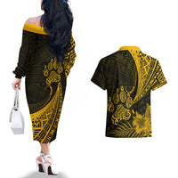 Personalised Polynesian Pacific Bulldog Couples Matching Off The Shoulder Long Sleeve Dress and Hawaiian Shirt With Gold Hawaii Tribal Tattoo Patterns LT7 - Wonder Print Shop