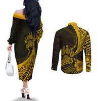 personalised-polynesian-pacific-bulldog-couples-matching-off-the-shoulder-long-sleeve-dress-and-long-sleeve-button-shirts-with-gold-hawaii-tribal-tattoo-patterns