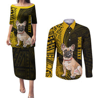 Personalised Polynesian Pacific Bulldog Couples Matching Puletasi Dress and Long Sleeve Button Shirts With Gold Hawaii Tribal Tattoo Patterns LT7 - Wonder Print Shop