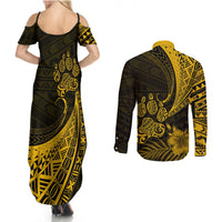 Personalised Polynesian Pacific Bulldog Couples Matching Summer Maxi Dress and Long Sleeve Button Shirts With Gold Hawaii Tribal Tattoo Patterns LT7 - Wonder Print Shop