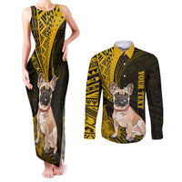 Personalised Polynesian Pacific Bulldog Couples Matching Tank Maxi Dress and Long Sleeve Button Shirts With Gold Hawaii Tribal Tattoo Patterns LT7 - Wonder Print Shop
