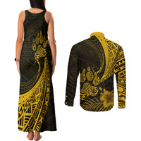 Personalised Polynesian Pacific Bulldog Couples Matching Tank Maxi Dress and Long Sleeve Button Shirts With Gold Hawaii Tribal Tattoo Patterns LT7 - Wonder Print Shop