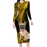 Personalised Polynesian Pacific Bulldog Long Sleeve Bodycon Dress With Gold Hawaii Tribal Tattoo Patterns - Wonder Print Shop