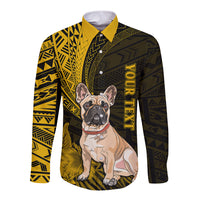 Personalised Polynesian Pacific Bulldog Long Sleeve Button Shirt With Gold Hawaii Tribal Tattoo Patterns - Wonder Print Shop