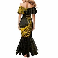 Personalised Polynesian Pacific Bulldog Mermaid Dress With Gold Hawaii Tribal Tattoo Patterns - Wonder Print Shop