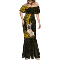 Personalised Polynesian Pacific Bulldog Mermaid Dress With Gold Hawaii Tribal Tattoo Patterns - Wonder Print Shop