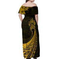 Personalised Polynesian Pacific Bulldog Off Shoulder Maxi Dress With Gold Hawaii Tribal Tattoo Patterns - Wonder Print Shop