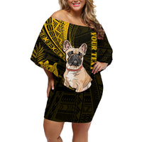 Personalised Polynesian Pacific Bulldog Off Shoulder Short Dress With Gold Hawaii Tribal Tattoo Patterns - Wonder Print Shop