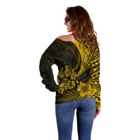 Personalised Polynesian Pacific Bulldog Off Shoulder Sweater With Gold Hawaii Tribal Tattoo Patterns - Wonder Print Shop