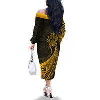 Personalised Polynesian Pacific Bulldog Off The Shoulder Long Sleeve Dress With Gold Hawaii Tribal Tattoo Patterns - Wonder Print Shop