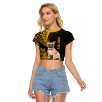 Personalised Polynesian Pacific Bulldog Raglan Cropped T Shirt With Gold Hawaii Tribal Tattoo Patterns - Wonder Print Shop