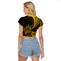 Personalised Polynesian Pacific Bulldog Raglan Cropped T Shirt With Gold Hawaii Tribal Tattoo Patterns - Wonder Print Shop