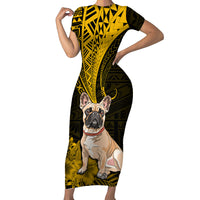 Personalised Polynesian Pacific Bulldog Short Sleeve Bodycon Dress With Gold Hawaii Tribal Tattoo Patterns - Wonder Print Shop