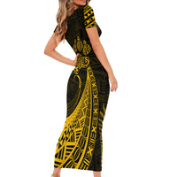 Personalised Polynesian Pacific Bulldog Short Sleeve Bodycon Dress With Gold Hawaii Tribal Tattoo Patterns - Wonder Print Shop