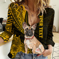 Personalised Polynesian Pacific Bulldog Women Casual Shirt With Gold Hawaii Tribal Tattoo Patterns - Wonder Print Shop
