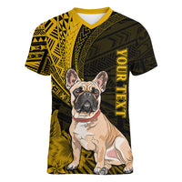 Personalised Polynesian Pacific Bulldog Women V Neck T Shirt With Gold Hawaii Tribal Tattoo Patterns - Wonder Print Shop