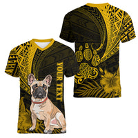 Personalised Polynesian Pacific Bulldog Women V Neck T Shirt With Gold Hawaii Tribal Tattoo Patterns - Wonder Print Shop