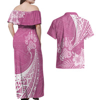 Personalised Polynesian Pacific Bulldog Couples Matching Off Shoulder Maxi Dress and Hawaiian Shirt With Pink Hawaii Tribal Tattoo Patterns LT7 - Wonder Print Shop