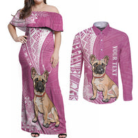 Personalised Polynesian Pacific Bulldog Couples Matching Off Shoulder Maxi Dress and Long Sleeve Button Shirts With Pink Hawaii Tribal Tattoo Patterns LT7 - Wonder Print Shop