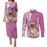 Personalised Polynesian Pacific Bulldog Couples Matching Puletasi Dress and Long Sleeve Button Shirts With Pink Hawaii Tribal Tattoo Patterns LT7 - Wonder Print Shop