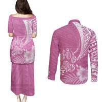 Personalised Polynesian Pacific Bulldog Couples Matching Puletasi Dress and Long Sleeve Button Shirts With Pink Hawaii Tribal Tattoo Patterns LT7 - Wonder Print Shop